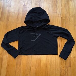 Gymshark‎ Hoodie S Black Cropped Pullover Logo Athletic Long Sleeve Athleisure